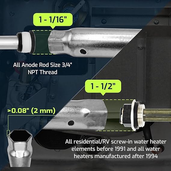 ONENESS 369 Dual Hex Ends Removal Tool for Your Water Heater's Elements and Anodes 1-1/16 in x 1-1/2 in x 10 in