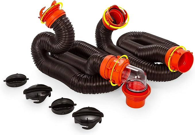 Camco RhinoFLEX 20’ Camper/RV Sewer Hose Kit | Clear Elbow w/ Removable 4-in-1 Adapter & Pre-Attached Swivel Bayonet and Lug Fittings