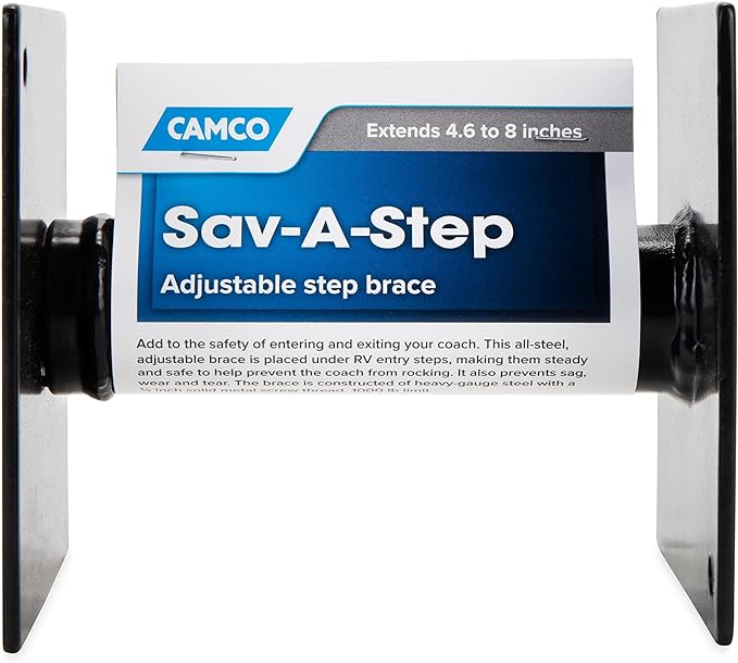 Camco Camper/RV Save-A-Step Brace | Features 1,000lb Load Rating & Adjusts from 4-5/8” to 8” | Crafted of Heavy-Gauge Steel (43681)