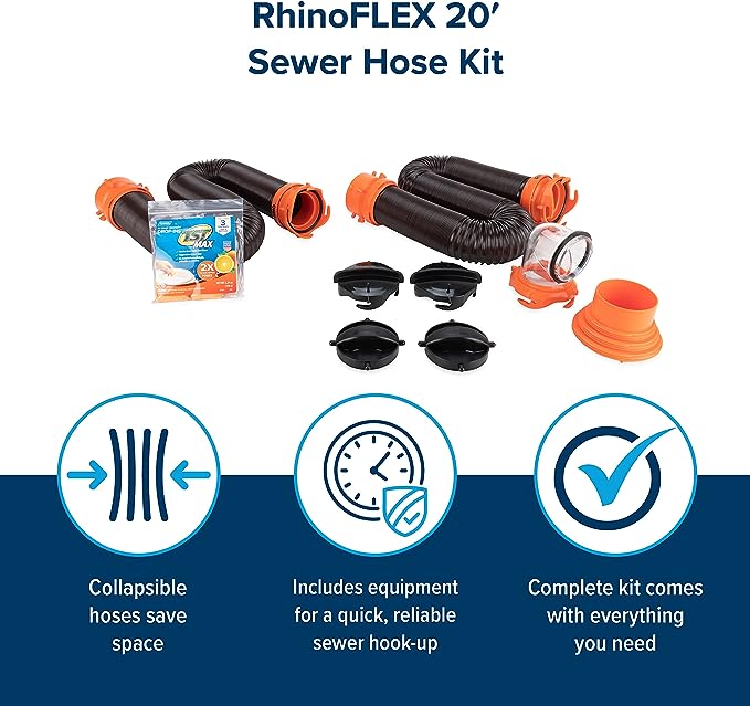 Camco RhinoFLEX 20’ Camper/RV Sewer Hose Kit | Clear Elbow w/ Removable 4-in-1 Adapter & Pre-Attached Swivel Bayonet and Lug Fittings