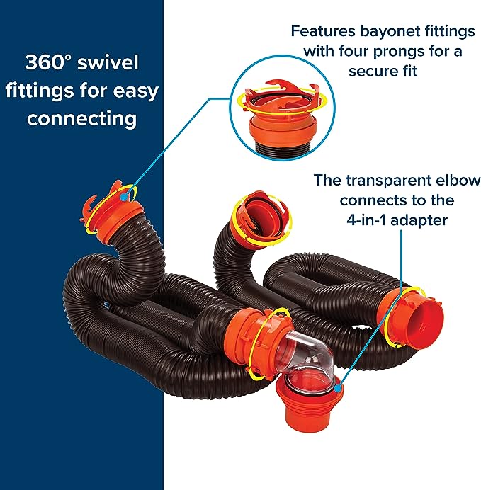 Camco RhinoFLEX 20’ Camper/RV Sewer Hose Kit | Clear Elbow w/ Removable 4-in-1 Adapter & Pre-Attached Swivel Bayonet and Lug Fittings